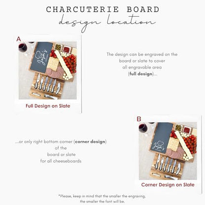 Custom Engraved Acacia Charcuterie Board & Slate Cheese Platter – Large 17" x 13" Cheese Board with Knives – Custom Thanksgiving Gift - color: Design #25