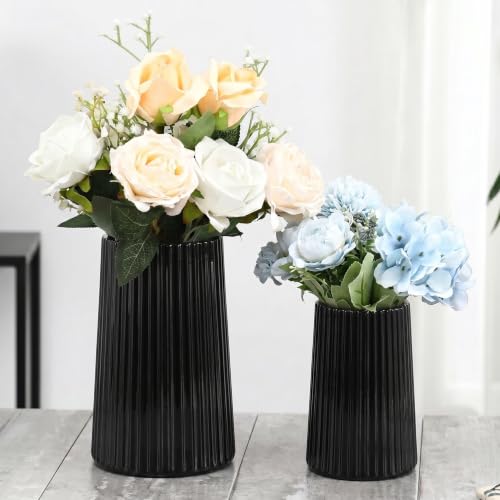 Ribbed Flower Vases Set of 2, Black Vases for Flowers, Flower Vase for Bouquet, Modern Ribbed Glass Vase for Living Room, Bedroom, Dining Table, Office, Wedding, Centerpieces - color: Dark, size: Large+Medium