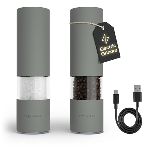 LARS NYSØM Electric Salt and Pepper Grinder Set I Automatic Salt and Pepper Mills with Adjustable Ceramic Grinder I USB Rechargeable Electric Spice Mill Set with LED Light (Ash Gray) - color: Ash Gray, size: Set of two electric mills