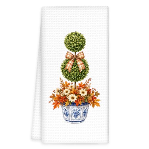 Fall Chinoiserie Kitchen Towels, Grandmillennial Fall Hand Towels | Autumn Flower Topiary Orange Bow Dish Tea Towel for Kitchen Decorative, Blue Chinoiserie Autumn Bathroom Decor, 16x24In - color: Flower Ceramic