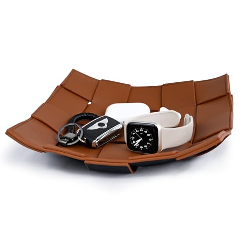 Valet Tray PU Leather Key Holder Bowl for Men Entryway Table Nightstand Desk Tray for Wallet, Keys Men's Gift - Brown & Black, 9.8" L x 9.8" W x 2" H - color: Brown + Black