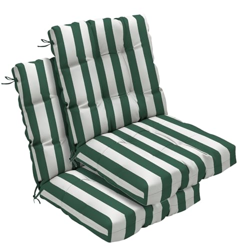 Outdoor Chair Cushions 42x21x4 Inch Set of 2, Dark Green Stripe | Patio Cushions for Dining Rocking Chairs, High Back Soft Seat Pad with Ties, Waterproof Fade Resistant, Indoor Outside Use - color: Dark Green White Stripes