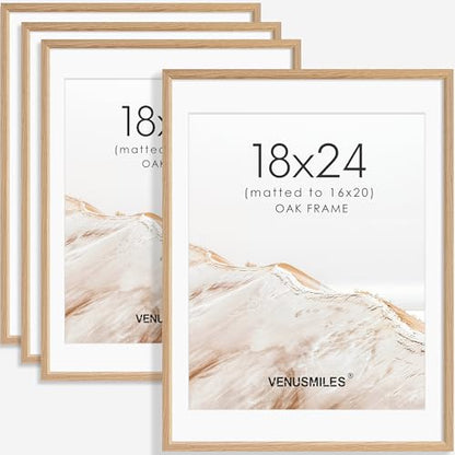 18x24 Poster Frame Set of 4 Natural Solid Oak Photo Frames with 16x20 Removable Mat Wall Hanging Large Handcrafted Frame with HD Plexiglass Wall and Tabletop Display Large Picture Frame - color: Oak, size: 18X24,4P