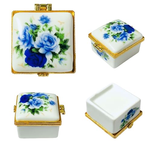 Tiny Square Porcelain Trinket Box | Blue Rose Bouquet | French Style Gift Box with Velvet Bag - style: Blue Rose Bouquet Square