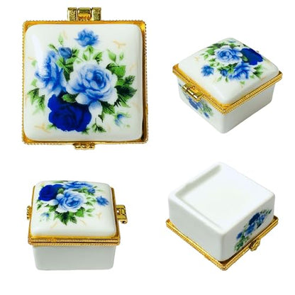 Tiny Square Porcelain Trinket Box | Blue Rose Bouquet | French Style Gift Box with Velvet Bag - style: Blue Rose Bouquet Square