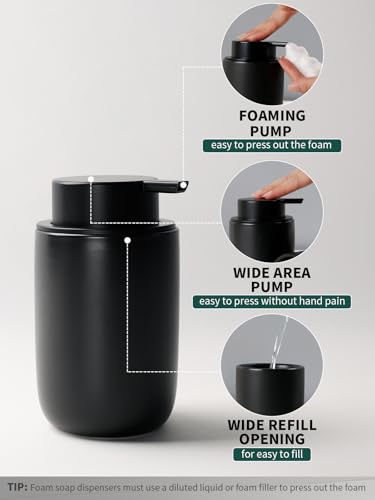 Bosilunlife Soap Dispenser and Toothbrush Holder Set - 11Oz Foam Soap Dispenser Pump Ceramic Bathroom Counter Soap Toothbrush Holder Set Black Bathroom Accessories Set - color: Black-cylinder Foam