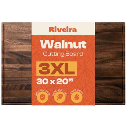 Riveira Extra Large Walnut Wood Cutting Board, 30" x 20", 1 Inch Thick – Cool Stove Top Cover Cutting Board, Noodle Board Stove Cover with Juice Groove, Reversible Butcher Block for Charcuterie