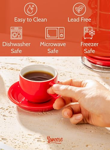 Sweese 2.5 Ounce Porcelain Stackable Espresso Cups with Saucers and Metal Stand Set of 4, Red - color: Red, size: 2.5 Ounces