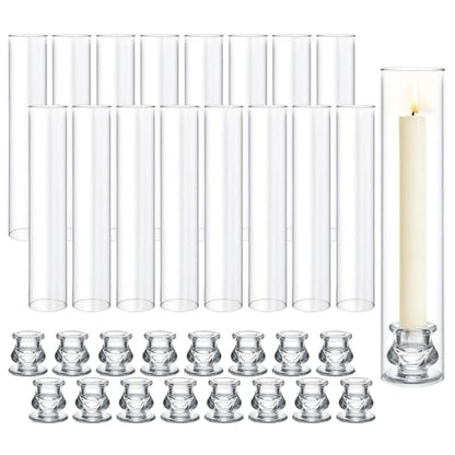 16 Set Clear Glass Hurricane Candle Holders, 12.5" Open Ended Bottomless Windproof Cylinder & 2.1" Taper Candlestick Holders for Wedding Party Home Hotel Decor