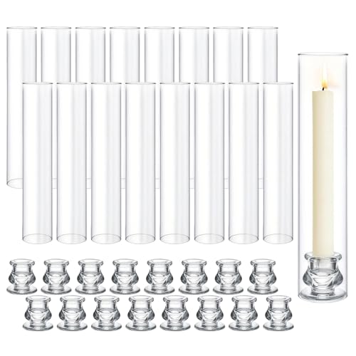 16 Set Clear Glass Hurricane Candle Holders, 12.5" Open Ended Bottomless Windproof Cylinder & 2.1" Taper Candlestick Holders for Wedding Party Home Hotel Decor