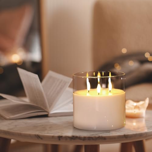 Large 3 Wick Clear Glass Flameless Pillar Candle with Remote | 6x6 inch LED Candle Flickering, Triple Wick, 2 AA Battery Powered, Accent Home Decor Gift - color: Clear