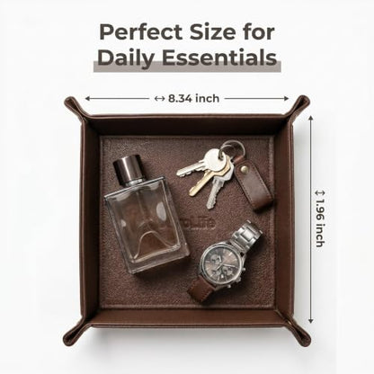 Faux Leather Key Tray, Entryway Organizer for Wallet, Brown | Structured entryway tray for keys, wallet, watch and pocket essentials on consoles, dressers and nightstands. - color: brown