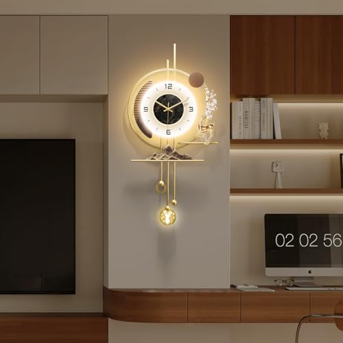 Modern Wall Clock for Living Room,Large Gold Decorative Wall Clock with light,Creative Silent Clock Battery Operated for Kitchen/Entryway/Bedroom/Office/Dinning Room Metal Wall Decor (15.7"Wx31.5L) - size: 31.5"Lx15.7"W