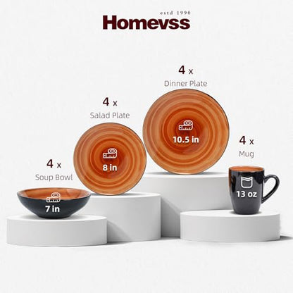 HomeVss, Sonoma Stoneware 16pc Dinnerware Set, Outside Black + Inside Hand Painting Color Spice - color: Spice