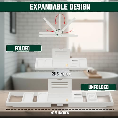 Bamboo Bathtub Caddy Tray Expandable & Foldable Bath Shelf with Book, Tablet & Wine Holder Adjustable Wooden Bath Tray for Relaxing Spa at Home – Fits Most Tub Sizes. - color: White