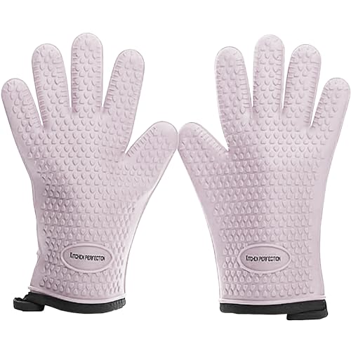 KITCHEN PERFECTION Silicone Smoker BBQ Gloves - Heat Resistant Oven Mitts | Made For Women, Waterproof, 5-Finger Design For A Better Grip, For Meat Smoking, Grilling, Cooking, Frying Turkey, Grill Gift - color: Pastel Pink, size: One Size Fits Most