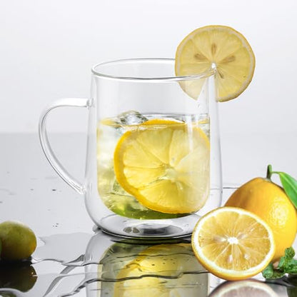 Joeyan Clear Double Walled Glass Coffee Mugs, Double Layer Tea Latte Cappuccino Cups with Handle, Double Lined Insulated High Borosilicate Glassware for Milk and Other Hot Beverages, 13.5 oz, Set of 2 - color: 500ml-Clear with handle