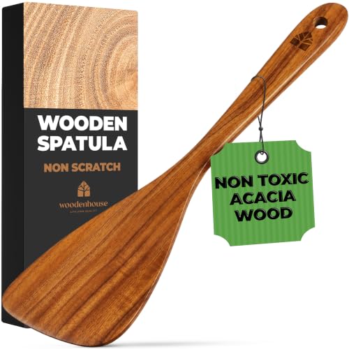Wooden Spatula for Cooking, 12" Flat Wooden Spoon & Scraper for Frying | Natural acacia hardwood turner, nonstick & cast iron safe, non toxic, long comfort grip handle, easy to clean