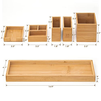 Bamboo Vanity Tray Set, 6-Piece Bathroom Organizer for Small Items | 14.9-Inch Long, Modular 6-Piece Set for Makeup, Jewelry and Small Items on Bathroom, Kitchen or Desk Counters