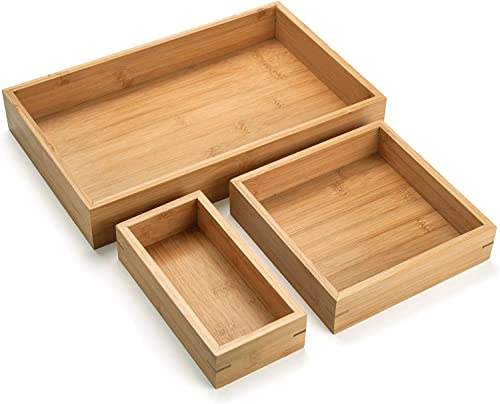 3 Pcs Bamboo Bathroom Tray, Flat Wood Basket Tray, Wooden Shallow Storage Basket, Bamboo Organizer for Bathroom, Living Room, Kitchen Countertop