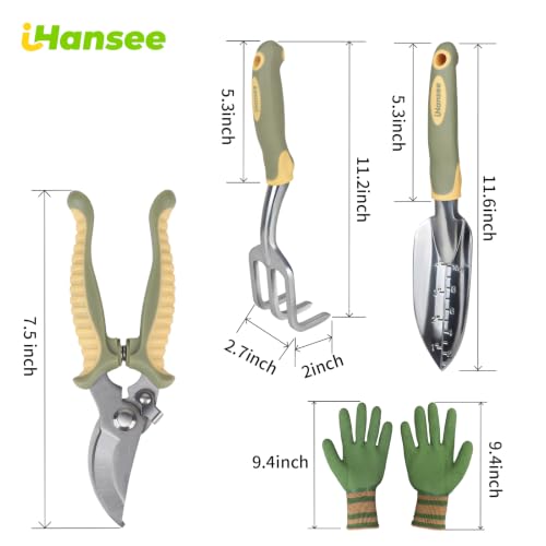 Green Garden Tools 4-Piece, Aluminum Alloy Gardening Hand Tool Set | Transplant Trowel, Hand Rake, Curved Pruner with Ergonomic Handle, Garden Gloves, Gardening Gift for Men Women Plant Lover - color: green-4pcs