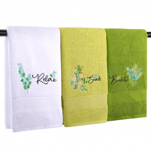 3 Pcs Eucalyptus Hand Towels Farmhouse Embroidered Botanical | 100% Cotton Decorative Green Leaves Bathroom Towels 13 x 29 Inch, Soft Absorbent Kitchen for Bathroom Gym Spa - color: Green Eucalyptus Leaves