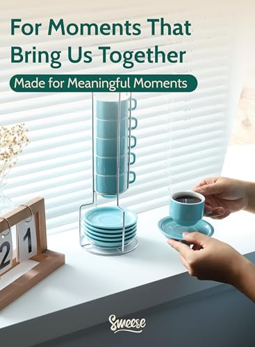 Sweese 2.5 Ounce Porcelain Stackable Espresso Cups with Saucers and Metal Stand Set of 4, Turquoise - color: Turquoise, size: 2.5 Ounces