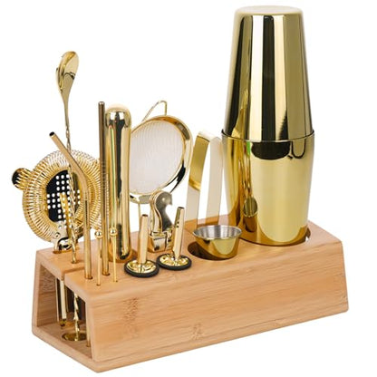 Cocktail Shaker Set Bartender Kit with Bamboo Stand, 15-Piece Stainless Steel Bar Set Accessories, Professional Bartending Kit Home Bar Tools Set with Recipes (Gold, Natural Wood Stand) - color: Gold, size: Wood Stand