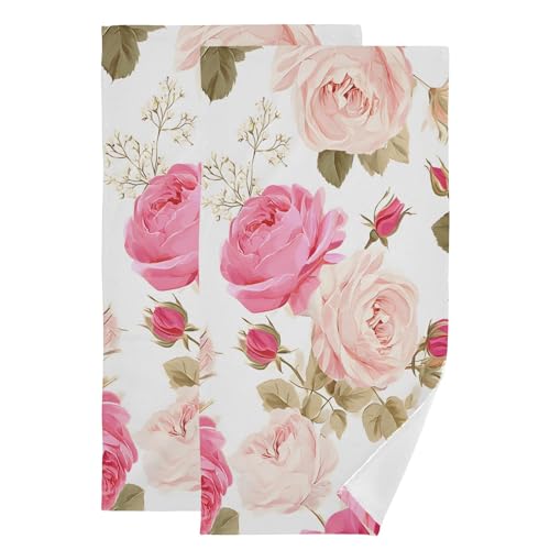 Pink Rose Flower Cotton Towels Set, Floral Guest Hand Towels Set of 2 Decorative Bathroom Towel Soft Absorbent Towel for Yoga Gym Spa Hotel Bathroom Kitchen 28x14 Inch - color: Rose