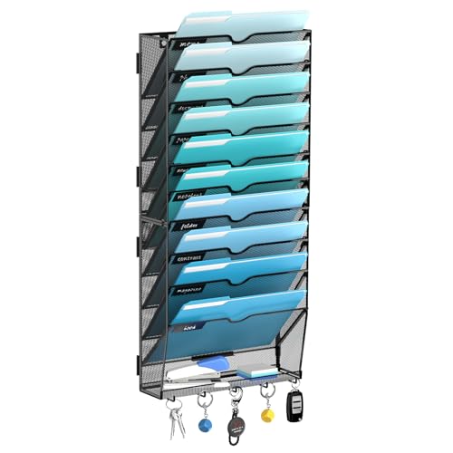 11-Tier Wall File Organizer and Mail Organizer with 5 Hooks, Black | Label slots, curved openings, 5 key hooks, and a bottom tray support organized mail, file, and everyday item storage. - color: Black, size: 11 Tier