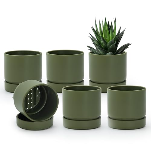 Phoenix Vine 4 Inch Planter Pot with Drainage Hole & Saucer, Deep Water Catch Tray, Straight Cylindrical Round Pot for Plants, Olive, Pack of 6, 23-D-R-6 - color: Olive, size: 4" (6 Pack)