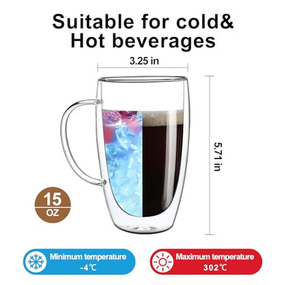 Aurzen 2 Pack Double Walled Glass Coffee Mugs with Handles, Large Insulated Layer Coffee Cups, 15oz Clear Borosilicate Mugs, Perfect for Cappuccino, Tea, Microwave Safe - color: 15oz-2Pack