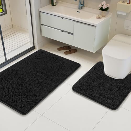Bathroom Rug Sets 2 Piece, 20"x20" U-Shaped & 21"×34", Black | Toilet Mat Non Slip Bath Mats Floor Set, Washable Bath Rug Set, Absorbent Soft Bathroom Rug - color: Black