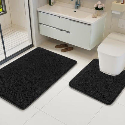 Bathroom Rug Sets 2 Piece, 20"x20" U-Shaped & 21"×34", Black | Toilet Mat Non Slip Bath Mats Floor Set, Washable Bath Rug Set, Absorbent Soft Bathroom Rug - color: Black