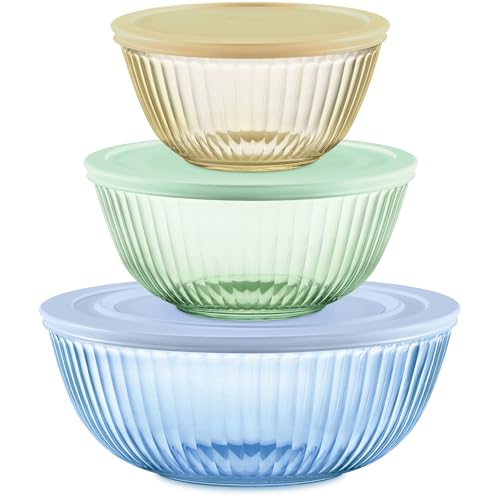 Pyrex Colors Tinted (3-Pack, Full Set) Sculpted Tinted Glass Mixing Bowls | 1.3, 2.3 & 4.5 QT nesting set of bowls with plastic lids for prepping & baking, dishwasher safe - color: Yellow, Green, Blue, size: 3 Pack, Small/Medium/Large, With Lids