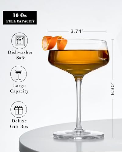 JBHO Martini Glasses, Crystal Coupe Glasses Set of 4, 10 Oz, Large and Fancy Cocktail Glasses, Hand-Blown Champagne Coupe Glasses for Espresso Martini, Manhattan as Bar Glassware or Mother's Gift