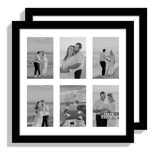 Hongkee 14x14 Picture Frame Set of 2, Black with Glass Collage Frame, Display Photo Six Opening 4x6 With Mat or 14 x 14 Without Mat - Horizontal or Vertical Wall Mounting - color: Black, size: 14x14 in matted to 6-4x6