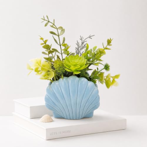 Zhehao 1 Set Beach Room Decor Coastal Artificial Plant Set Vintage Seashell Faux Succulents Plant with Pot for Summer Nautical Ocean Home Bedroom Table Mantel Decoration Gift (Shell) - style: Shell