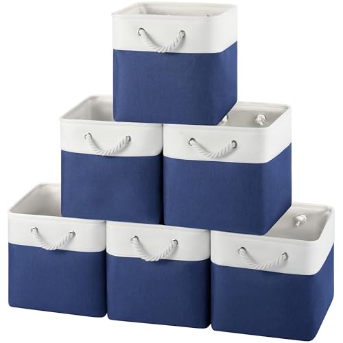 12x12 Inch Fabric Cube Storage Bins with Cotton Rope Handle 6-Pack | Top Support of Metal Frame, Bottom with Cardboard Support, Foldable Storage Bins for Closet, Bedroom, White Blue - color: White Blue