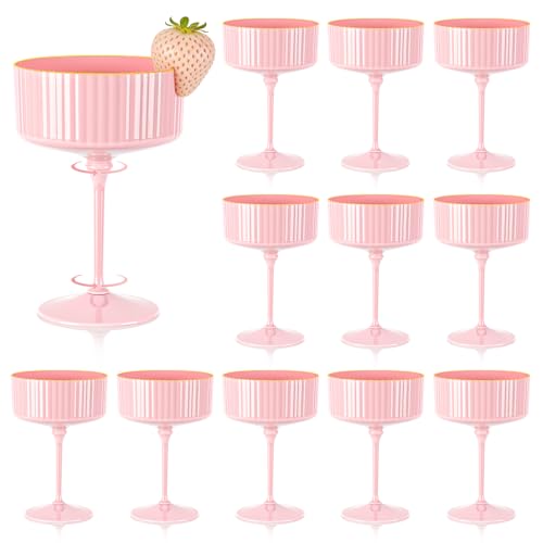 XUWAIDSGN 12 Pcs Champagne Martini Glasses 9 Oz with Gilded Removable Gold Rim Coupe Glasses Pink Martini Glasses Plastic Mimosa Vintage Coupe Glasses Set For Wedding Anniversary (12, Solid Pink) - color: Solid Pink