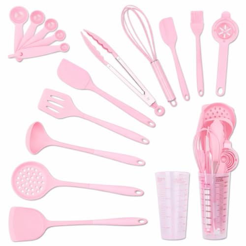 16-Piece Silicone Kitchen Utensil Set with Measuring Cup (Pink) | Dishwasher-safe BPA-free tools for nonstick cookware, with tongs, whisk, 5 measuring spoons and a 500ml measuring cup holder - color: Pink