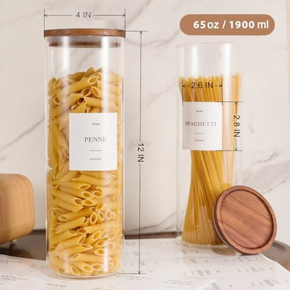 3 Pack Glass Pasta Storage Containers, 65oz Tall Pantry Jars with Wood Lids | Airtight Kitchen Canisters with 105 Labels, Glass Food Storage Containers with Acacia Lids for Cereal, Spaghetti Holder - size: 65oz 3 Pack