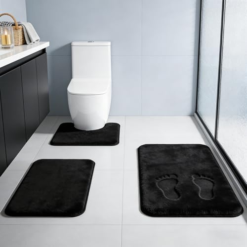 Black Bathroom Rug Set Memory Foam Bath Mats 3 Piece with Toilet Mats, Soft & Supportive, Shock Absorbing, Water Absorbent, Non-Slip Bath Rugs, Machine Washable, Area Rug, Home Decor Accessories - color: Black