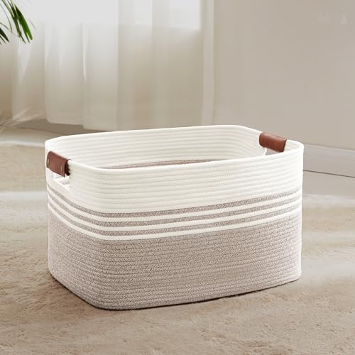 60L Woven Laundry Basket Hamper with Leather Handles,Brown | collapsible wicker hamper, storage for dirty clothes, toys, blankets, gifts, living room, bedroom, bathroom, 21"x15"x11" - color: Brown, size: 60L