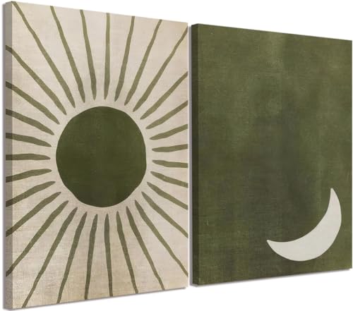 Boho Sun and Moon Canvas Wall Art Set of 2 Sage Green Bohemian Paintings Prints Wall Decor Large Mid Century Modern Abstract Minimalist Pictures for Living Room Bedroom Office 12x16 inch Framed - color: Sun Moon canvas, size: 16L"x12W"
