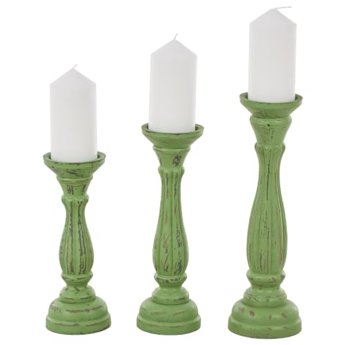 Deco 79 Wooden Decorative Candle Holder Distressed Turned Pillar Candle Stand, Set of 3 Candlestick Holder 15", 13", 11"H, Green | Decorative Distressed Turned Pillar Candle Stand Candlestick Holder - color: Green, size: Green