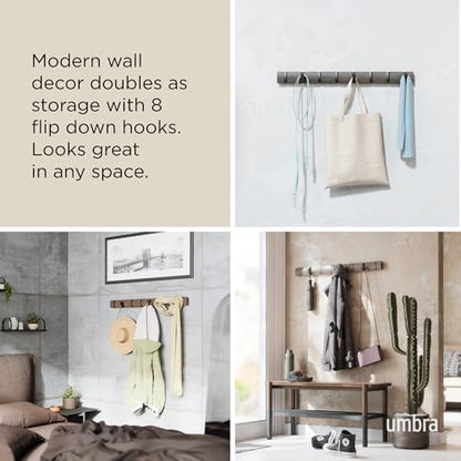 Umbra Flip Coat Rack, Wall Mount 8-Hook, Space Saving, White | Real wood and steel build, retractable hooks fold flat, holds coats bags and scarves, easy install - color: White/Nickel, size: 8-Hook