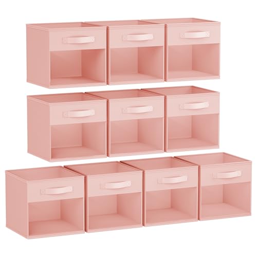 DIMJ Storage Cubes, Cube Storage Bin, 10 Pack Foldable Baskets with Window, Closet Storage Bins with Handle, 11x 11 inch Storage Cubes for Clothes, Toys, Books (Pink) - color: Pink, size: 10.6 Inch.- 10 Pack