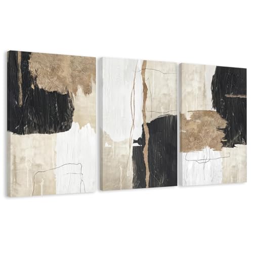 AVECCO Triptych Abstract Black Beige Gold Wrapped Canvas Wall Art 16x24 In | Gallery Wrapped Canvas, UV Fade-resistant Ink, Modern Minimalist, Ready to Hang, Living Room Office Decor, Housewarming Gift - color: Geometric, size: 24"L x 16"W