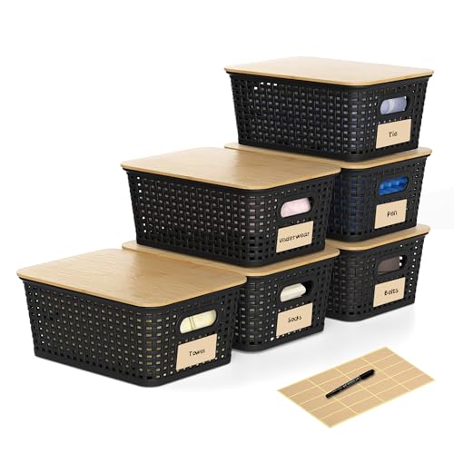 6 Pack Plastic Storage Baskets, Black bamboo lid storage Box | Labels, Stackable, For Organizing Shelves Pantry Drawers Desktop Closets Organizing Desktop Closet Playroom Classroom - color: Black